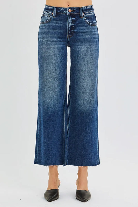 Mid-Rise Crop Raw Edge Wide Hem Jeans