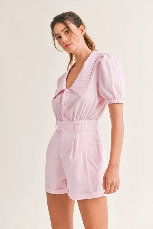 Striped Puff Sleeve Collared Neck Romper