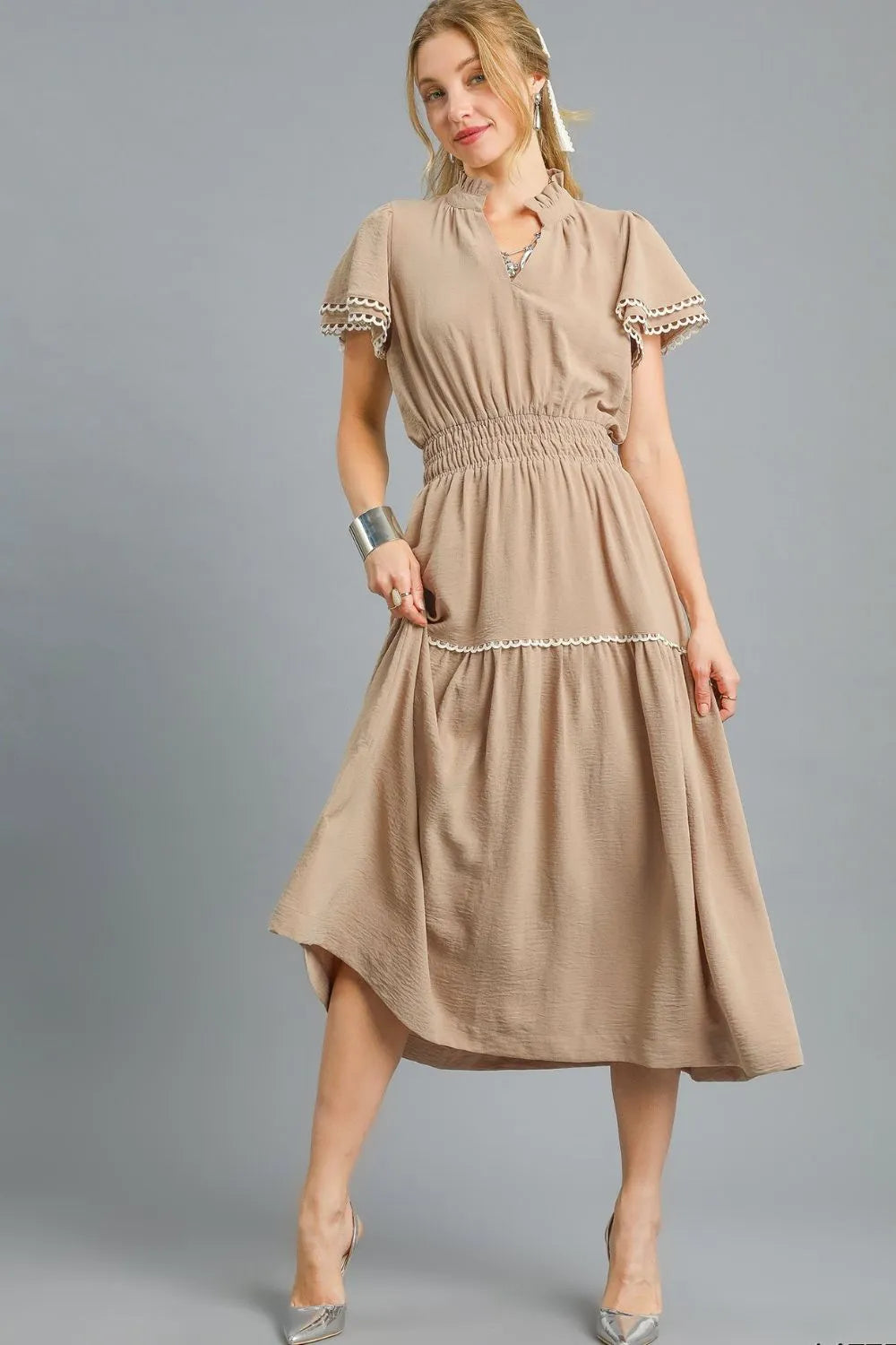 Embroidered Ruffle Sleeve Boho Midi Dress