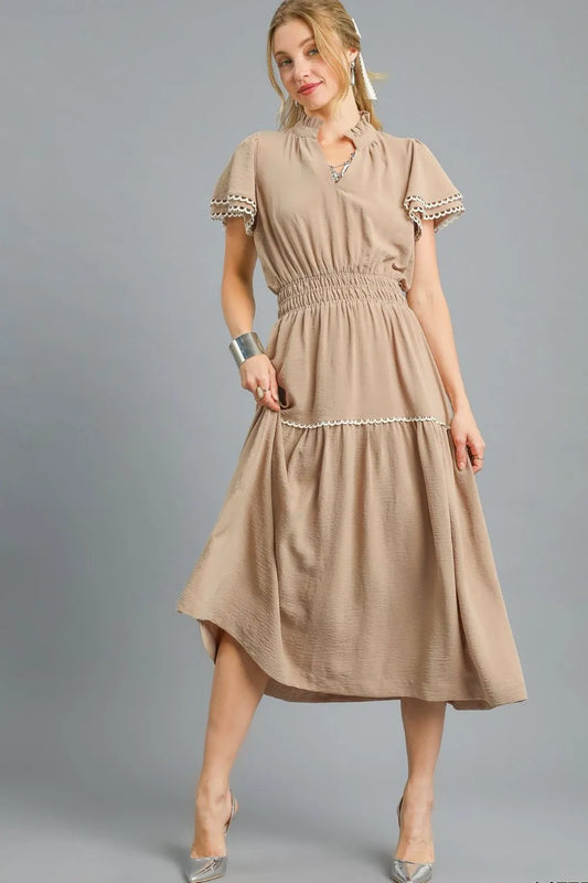 Embroidered Ruffle Sleeve Boho Midi Dress