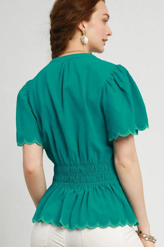 V-Neck Peplum Blouse with Scalloped Sleeves