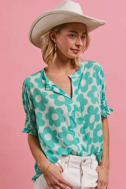 Polka Dot Button-Up Top with Elastic Cuffs