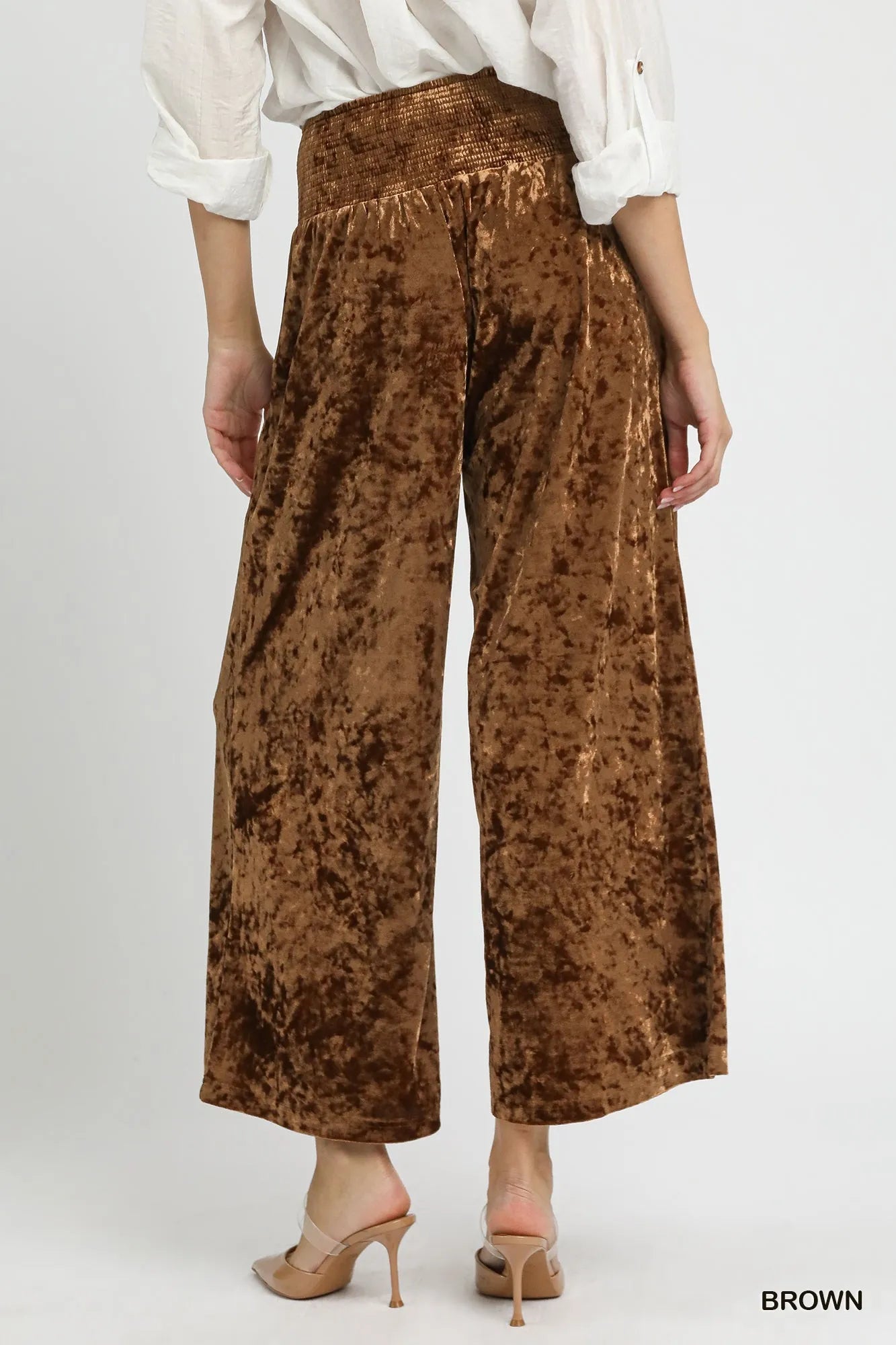 Smocked Waist Velvet Wide-Leg Pants