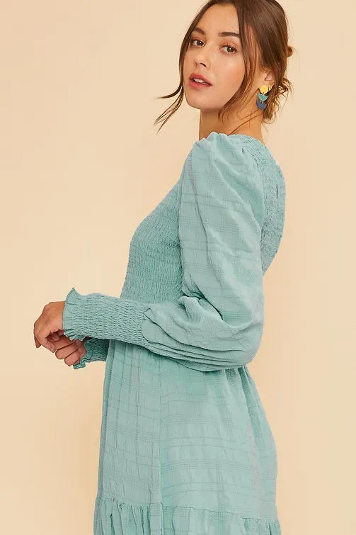 Textured Smocking Bodice Tiered Midi Dress