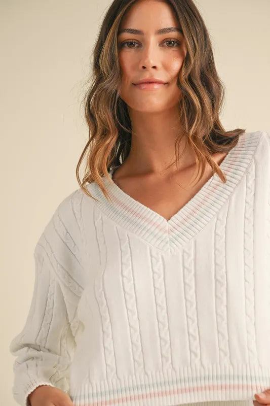 V-Neck Varsity Crop Knit Sweater and Skirt Set