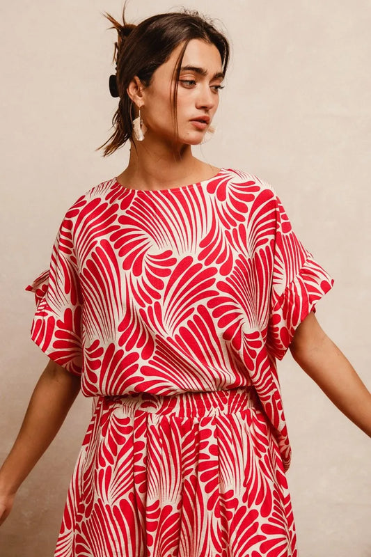 Tropical Palm Ruffled Sleeve Blouse