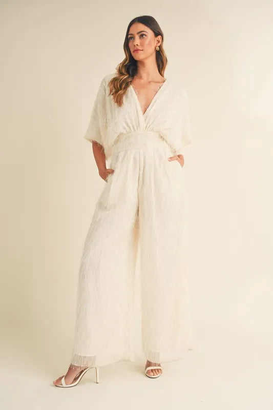 Fluffy Deep V Neck Wide Leg Jumpsuit