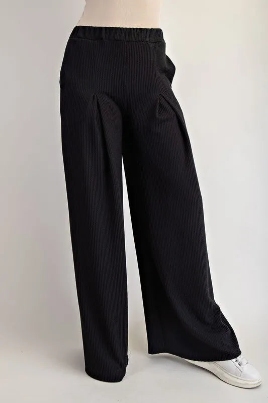 Full Size Ribbed Wide-Leg Pants with Pockets Plus Size