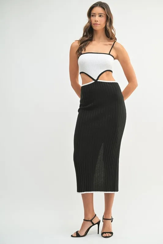 Ribbed Knit Color Block Cutout Midi Dress