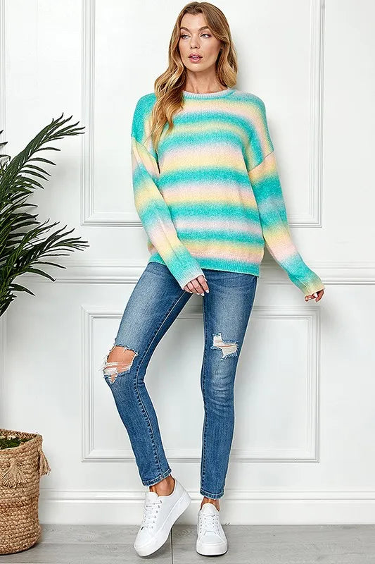 Ombre Drop Shoulder Knit Pullover Sweater