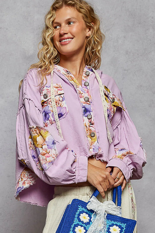 Edgy Floral Pattern Cropped Hooded Jacket