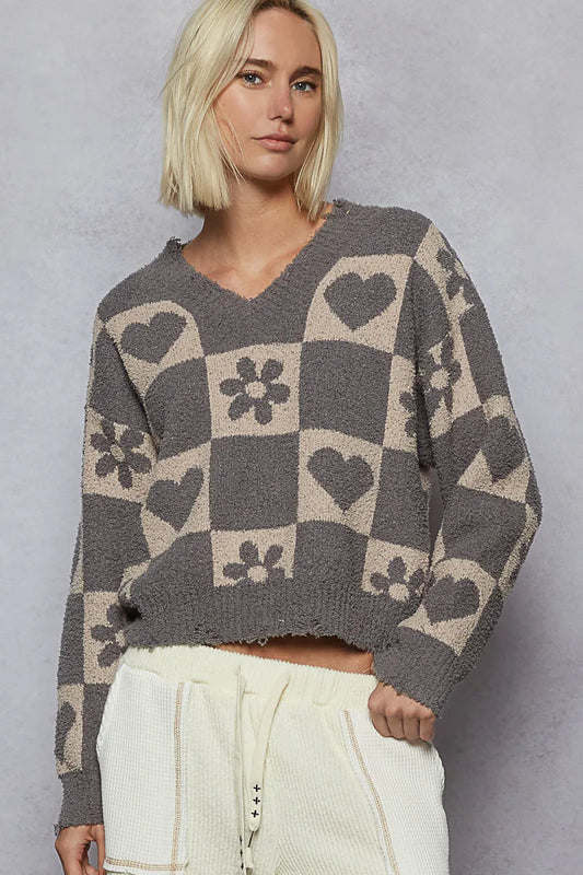 V-Neck Heart Paw Print Checkerboard Sweater