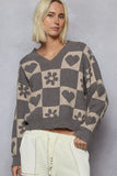 V-Neck Heart Paw Print Checkerboard Sweater