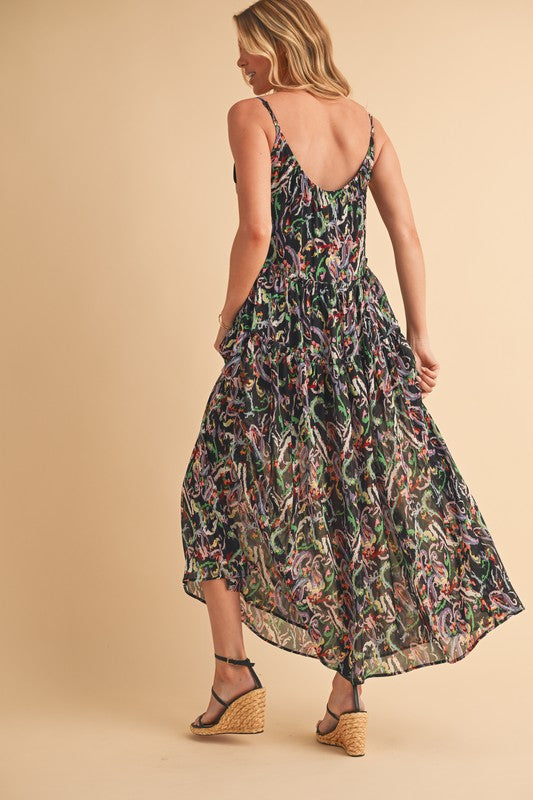 Printed V-Neck Frill Tiered Cami Dress