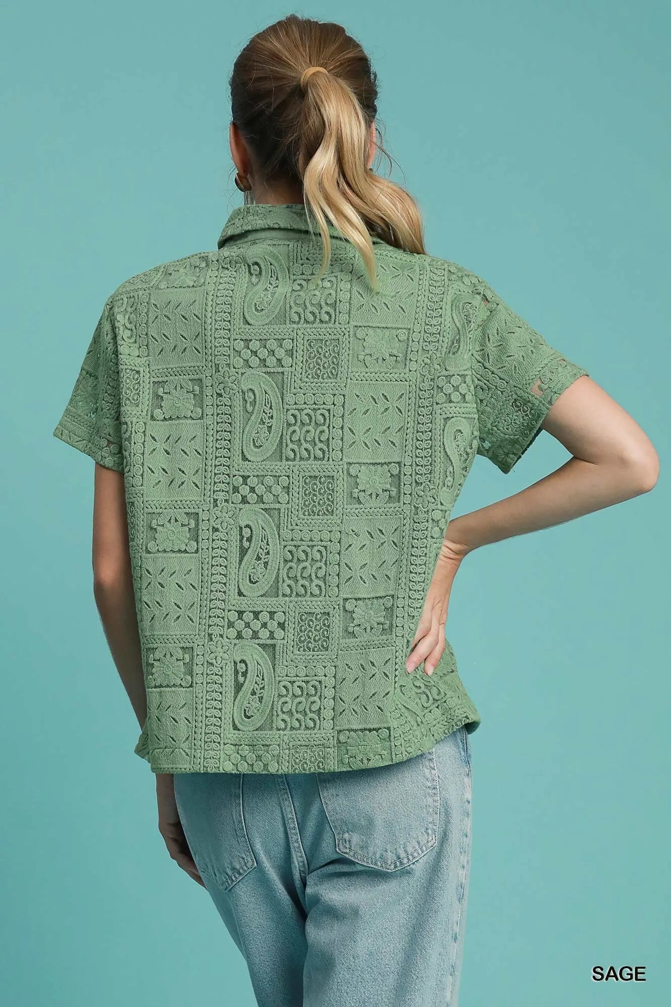 Lace Patch Short Sleeve Button-Up Shirt