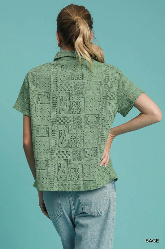Lace Patch Short Sleeve Button-Up Shirt