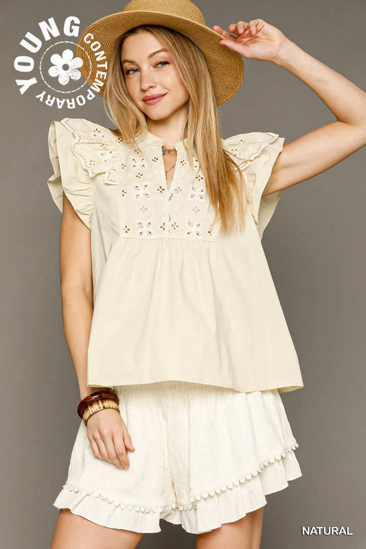 Bohemian Eyelet Ruffle Sleeve Top