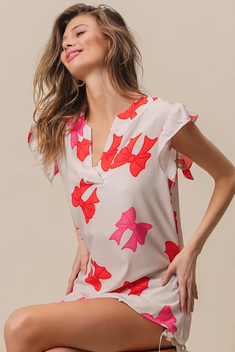 Bow Motif Ruffled Sleeve V-Neck Blouse