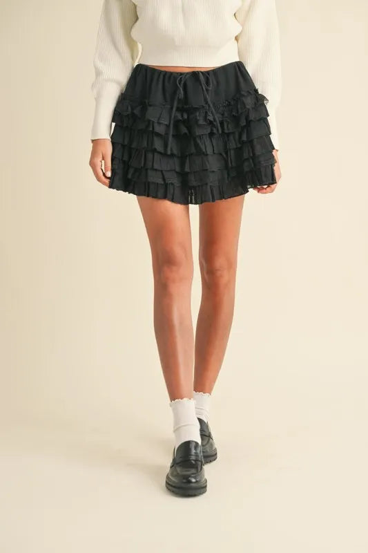Ruffle Detailed Cotton Gauze Tiered Mini Skirt