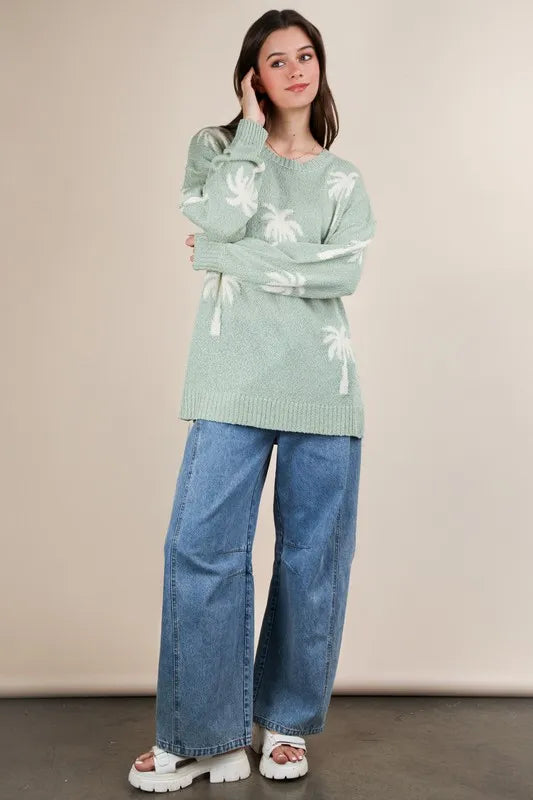 Palm Tree Graphic Oversized Knit Sweater