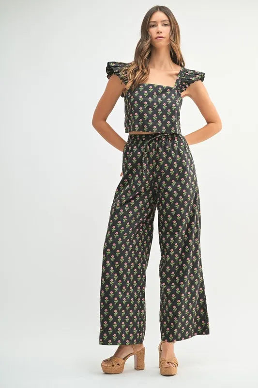 Floral Print Ruffle Top and Pants Set