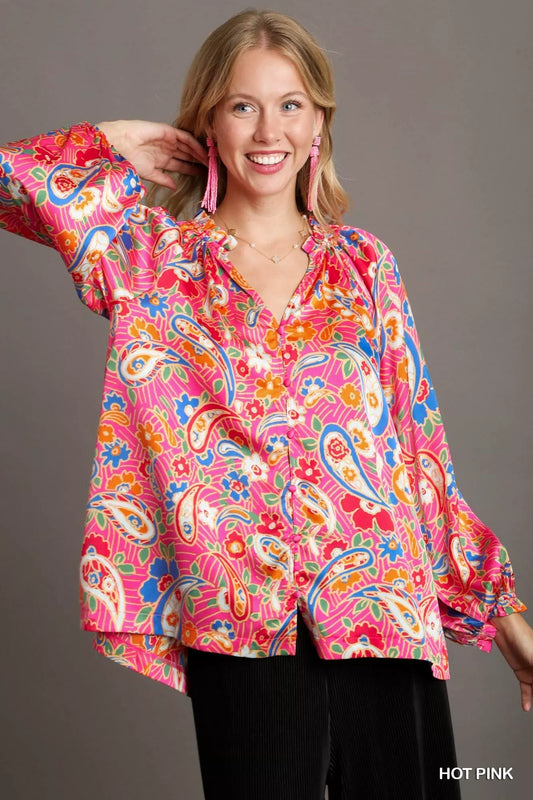 Full Size Satin Paisley Ruffle Neck Button-Down Blouse