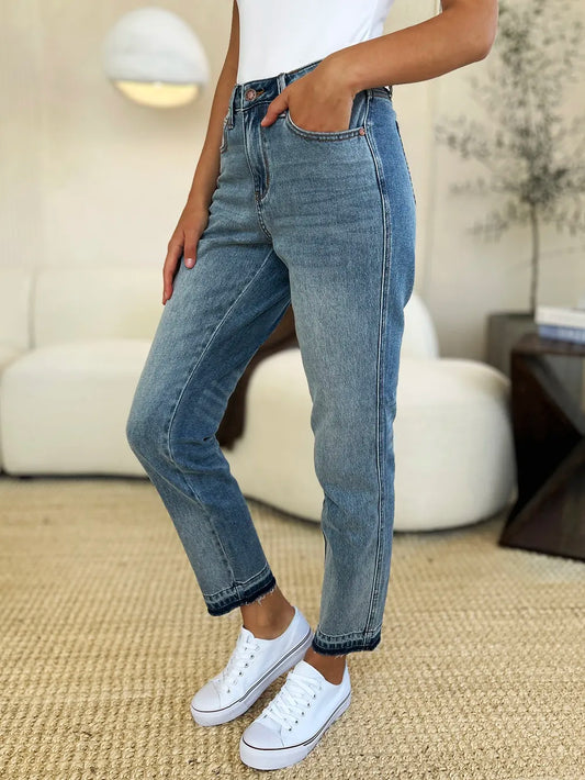 Judy Blue Mid Rise Structured Magic Hem Denim Pants