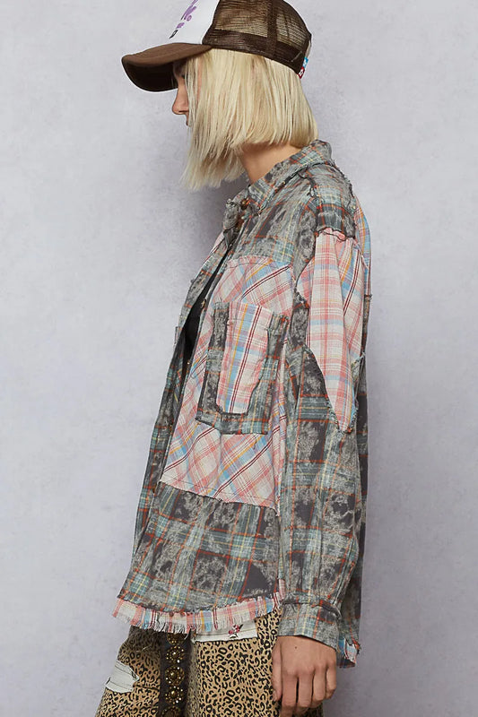 Patchwork Vintage Long Sleeve Shirt with Distressed Denim Highlights