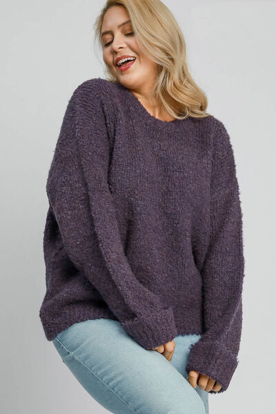 Full Size Round Neck Long Sleeve Boucle Sweater Plus Size