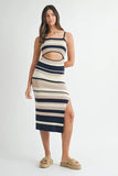 Multi Color Striped Front Cutout Knit Midi Dress