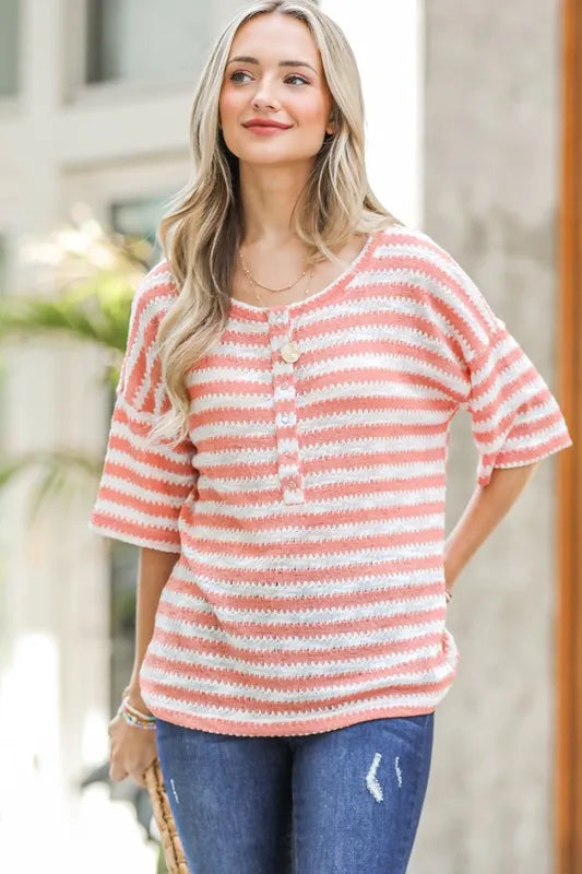 Stripe Knit Snap Button Front Casual Top