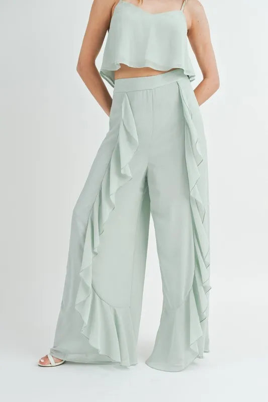 Crop Cami and Ruffled Wide Leg Pants Set