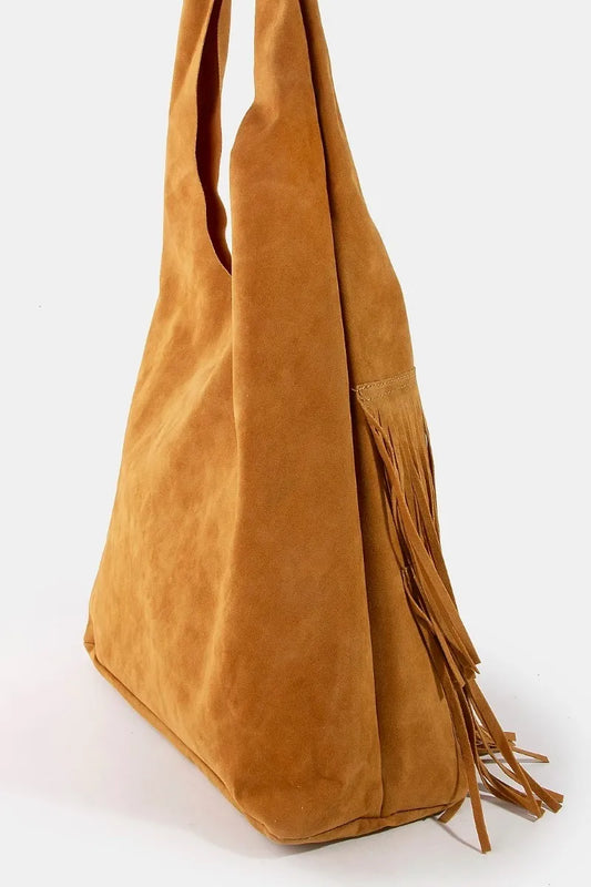 Double Fringe Suede Boho Chic Hobo Bag
