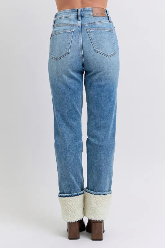 Full Size High Waist Shearling Cuff Straight Plus Size