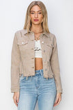Full Size Raw Hem Button Up Cropped Denim Jacket Plus Size