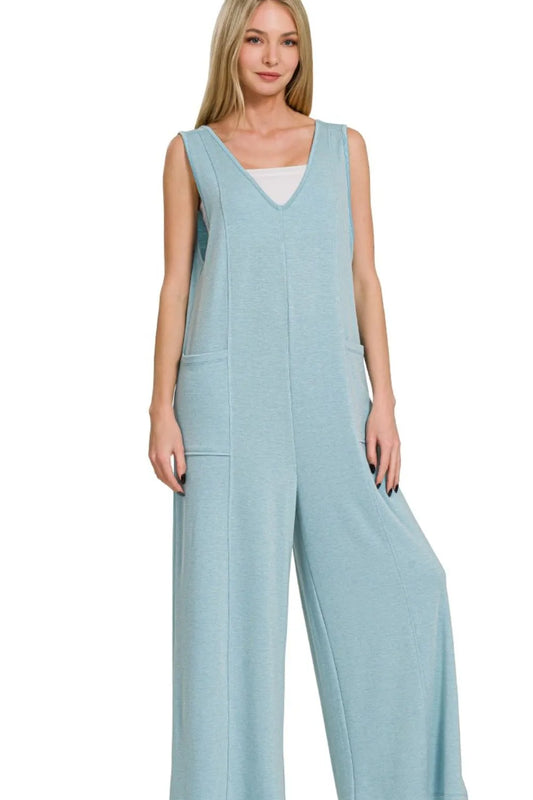 French Terry Deep V Neck Jumpsuits