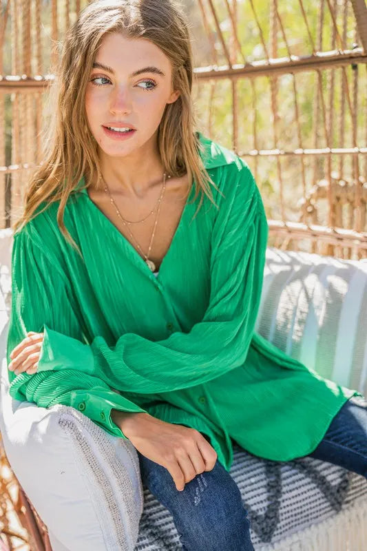 V Neck Pleated Long Sleeves Shirt