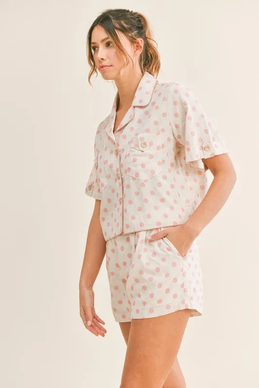 Polka Dot Collar Crop Top and Short Lounge Set
