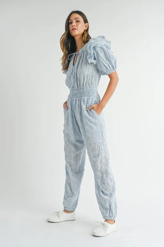 Eyelet Lace Ruffle Shoulder Jumpsuit