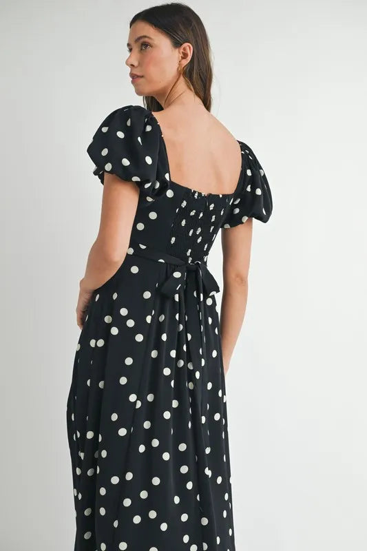 Polka Dot Puff Sleeve Midi Dress