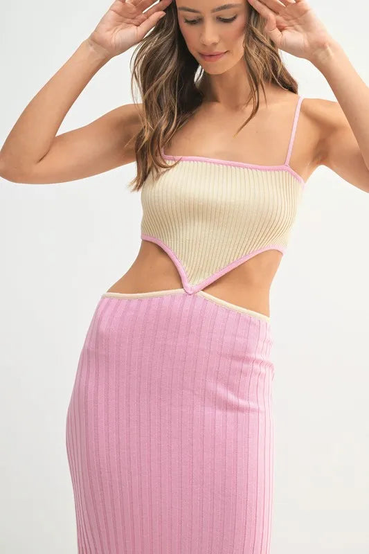 Ribbed Knit Color Block Cutout Midi Dress