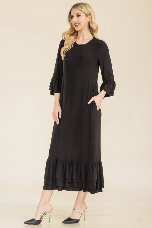 Full Size Modest Midi Dress with 3/4 Ruffle Bell Sleeves Plus Size