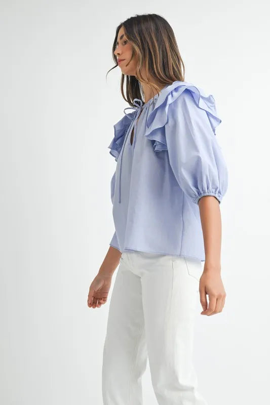 Stripe Ruffle Shoulder Puff Sleeve Blouse
