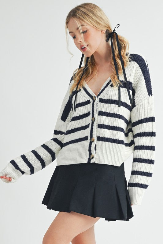 Striped V-Neck Button Down Cardigan