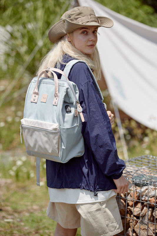 Water Resistant Canvas Backpack Bag with Side Pockets - Cream/Blue