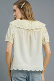 Ivory Ruffled Collar Textured Short Sleeve Blouse