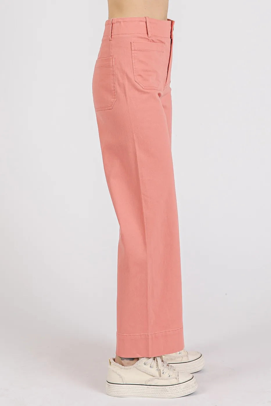 Twill Patch Pocket High Rise Wide Leg Pants