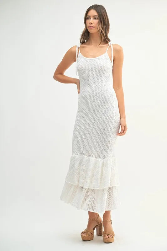Sleeveless Shoulder Tie Rose Knit Midi Dress