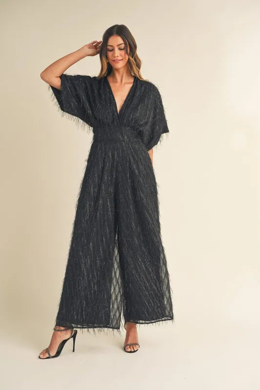 Fluffy Deep V Neck Wide Leg Jumpsuit