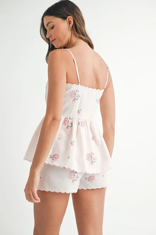 Stripe Embroidered Peplum Cami and Shorts Set